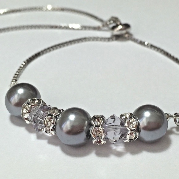 Gray Glass Pearls w/ Gray Crystal Bolo Bracelet - Picture 2 of 4